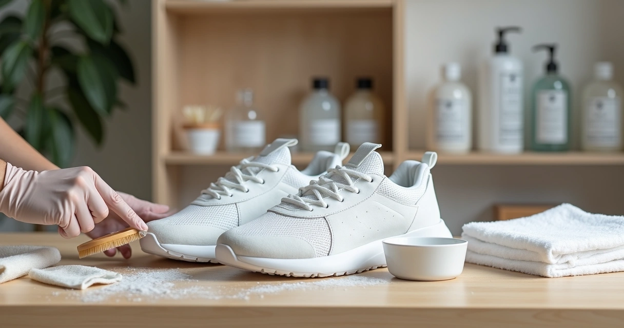 Tênis branco sendo limpo sobre bancada organizada com acessórios de cuidados domésticos 