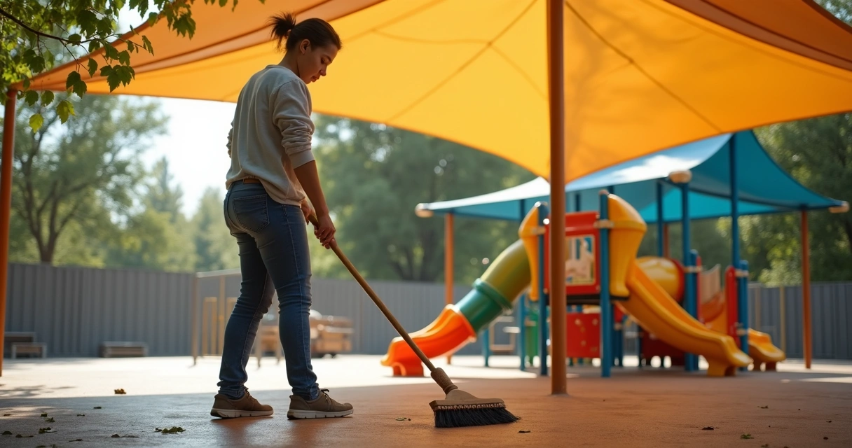 Adulto limpando toldo em playground infantil 