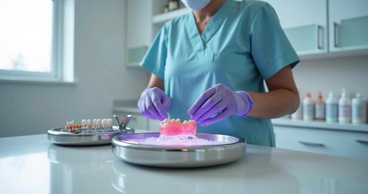 Protética posicionando prótese flexível em cuba de limpeza ultrassônica 