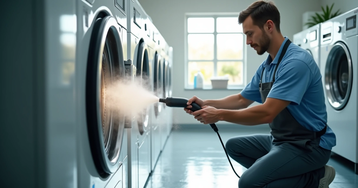 Técnico limpando lavadora com vapor. 
