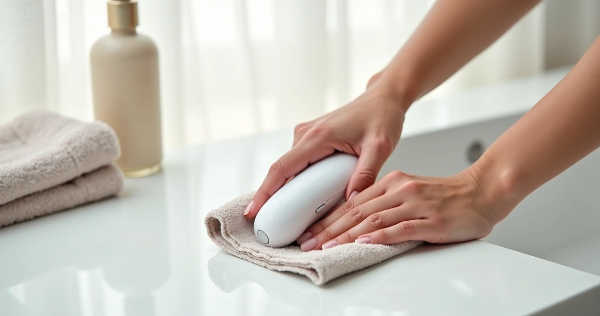 Pessoa higienizando vibrador com pano em superfície branca 