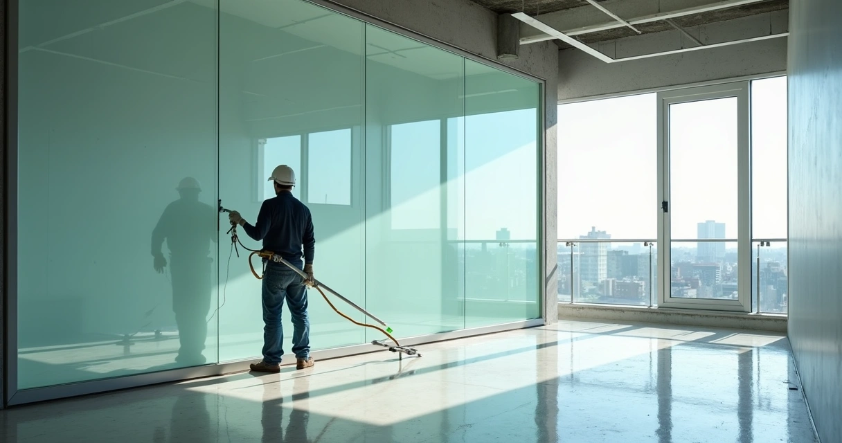 Profissional limpando vidro grande após reforma 