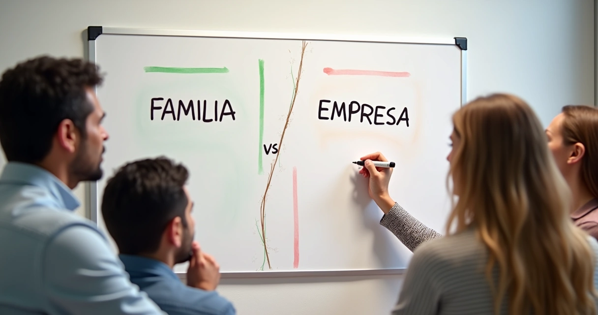 Manos dibujando líneas en un pizarrón dividiendo espacios familiares y empresariales