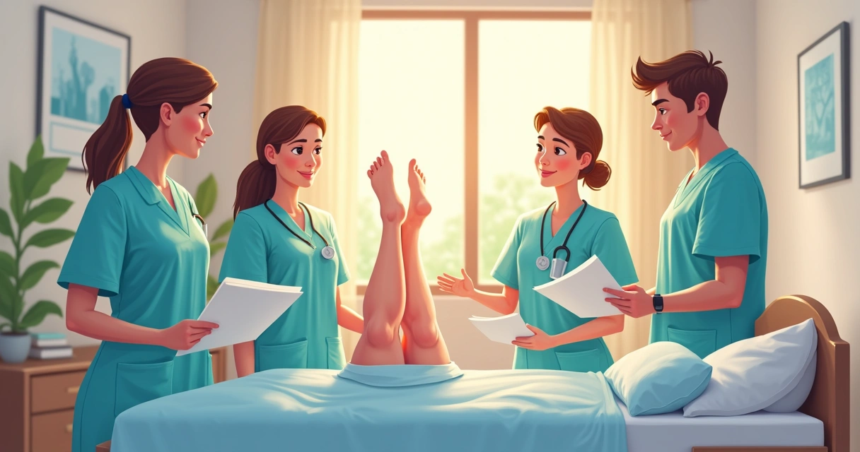 Prevenção de infecções recorrentes de celulite com penicilina e meias 3 Equipe de saúde orientando paciente com linfedema sobre cuidados em casa