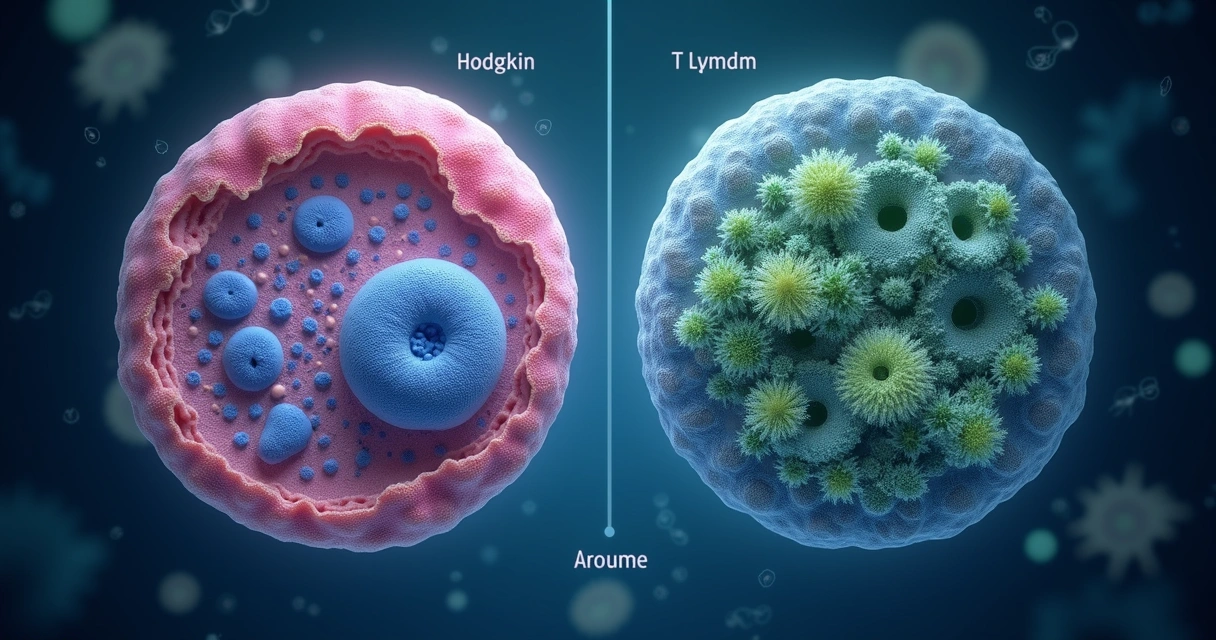 Comparação visual entre linfoma de Hodgkin e linfoma não-Hodgkin em linfonodo humano 