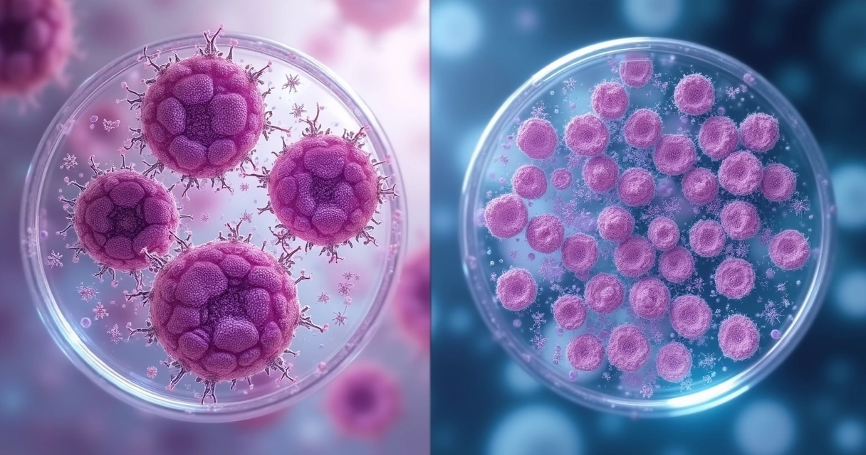 Comparação visual de células de linfoma de Hodgkin e não Hodgkin vistas ao microscópio 