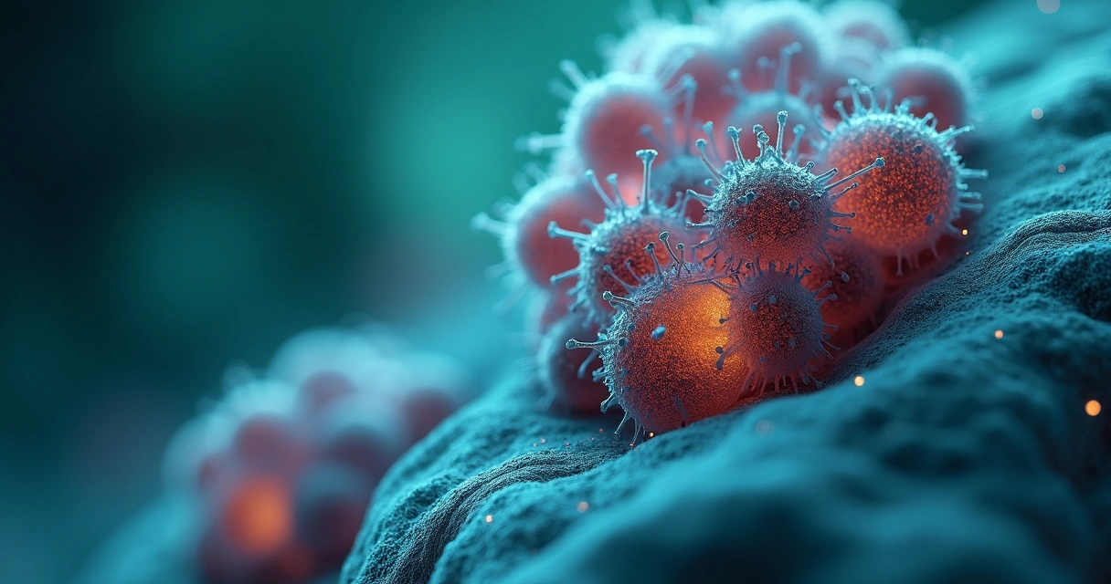 Visão microscópica artística de células linfáticas alteradas em linfoma não-Hodgkin 