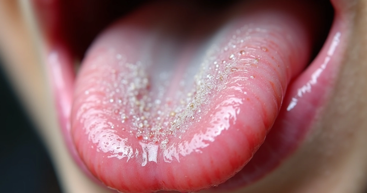 Saburra lingual vista de perto na superfície da língua 