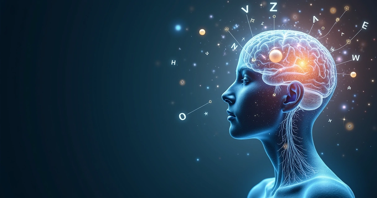 Cérebro humano e figura contemplativa com letras formando conexões de linguagem e pensamento 