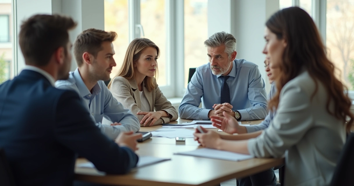 Pequeno grupo de pessoas em reunião mostrando diferentes posturas corporais