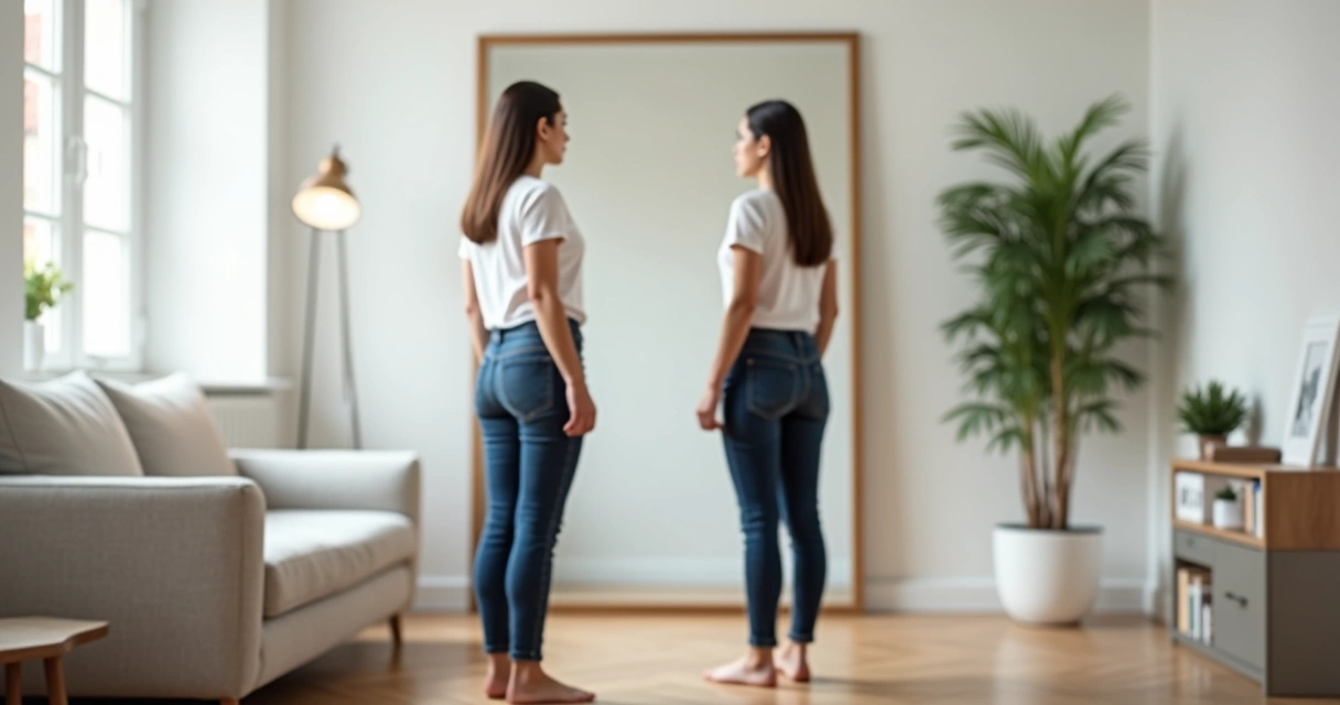 Pessoa em pé diante do espelho ajustando conscientemente a própria postura 