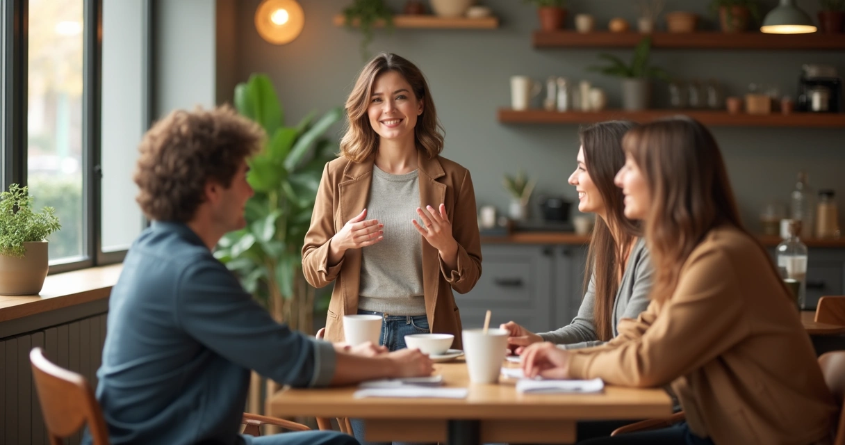Mulher confiante em pé com postura aberta interagindo com pessoas em um café 