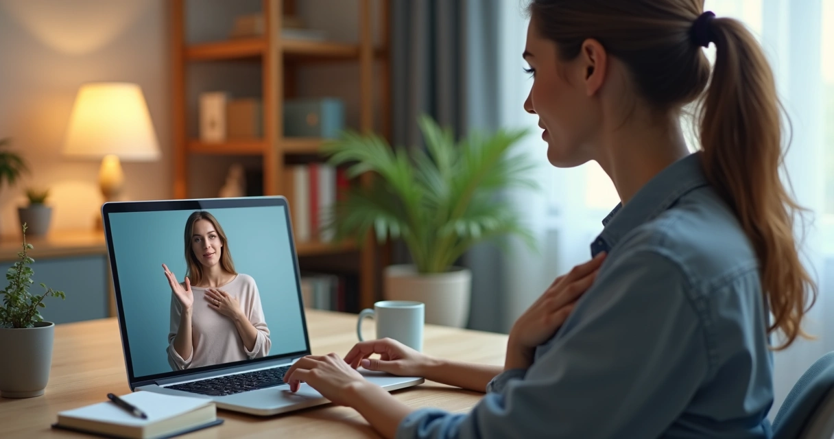 Mulher em videochamada destacando linguagem corporal na tela do laptop 