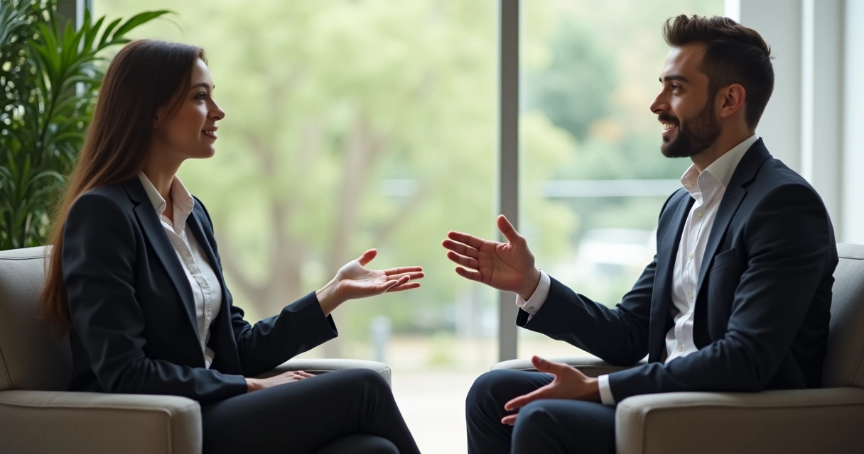 Duas pessoas conversando e usando gestos de abertura e conexão 