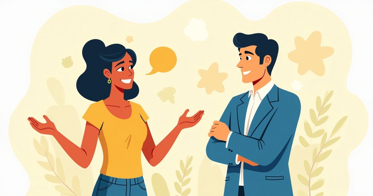 Ilustração de comunicação não-verbal com pessoas conversando, uma sorrindo e confiante e a outra demonstrando desconforto.