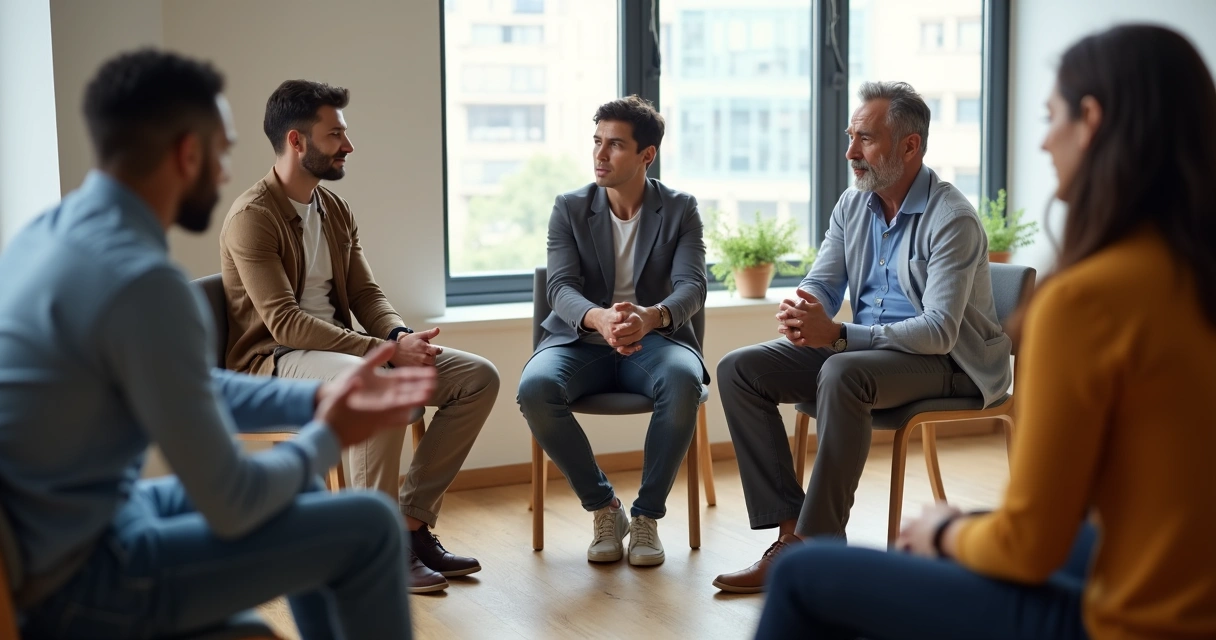 Grupo de pessoas em círculo exibindo diferentes posturas corporais e expressões emocionais 