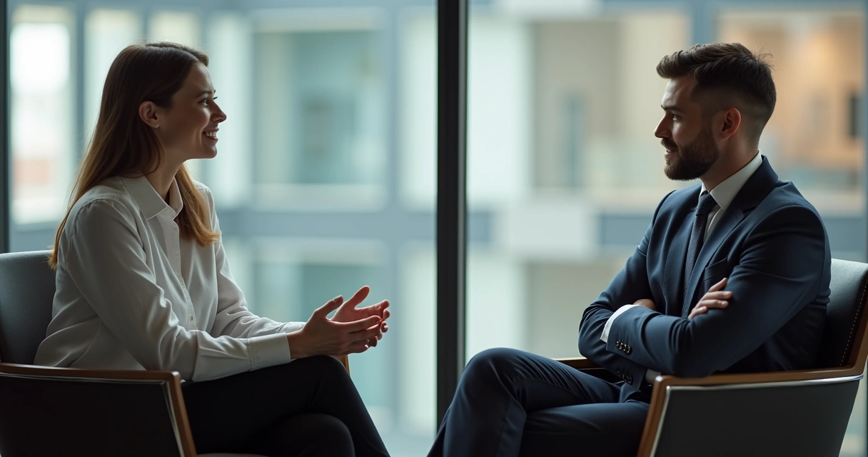 Duas pessoas sentadas conversando, uma com postura aberta e sorrindo, outra com braços cruzados e expressão neutra. 