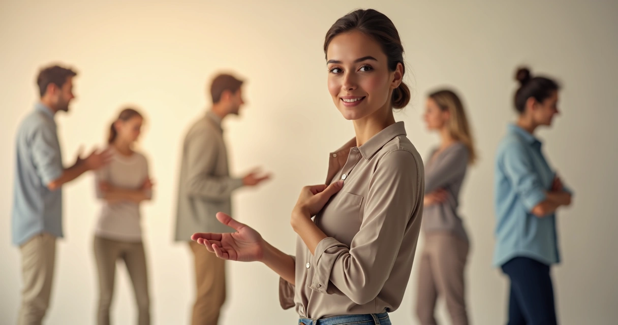 Mulher em foco com gestos expressivos cercada por silhuetas mostrando diferentes posturas corporais 