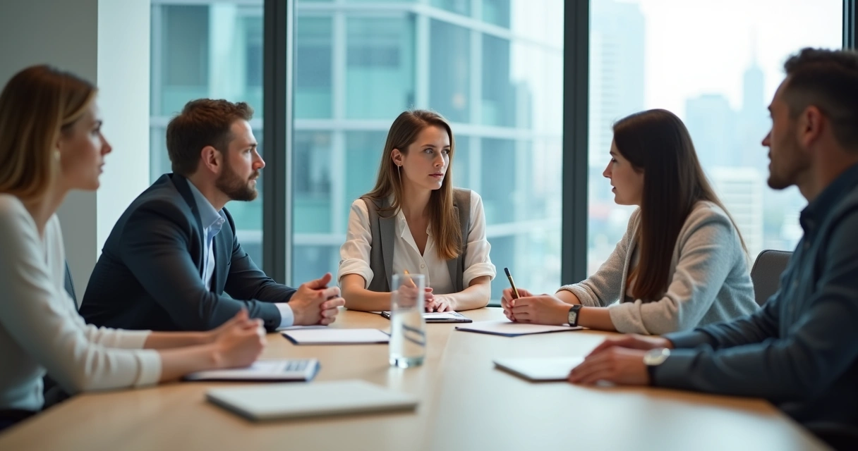 Mulher em reunião mostrando linguagem corporal inconsciente com colegas ao fundo 