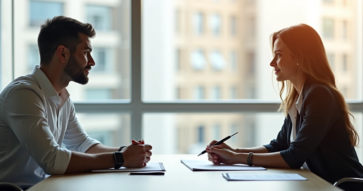 Duas pessoas sentadas frente a frente em uma mesa de reunião, com posturas abertas e contato visual 