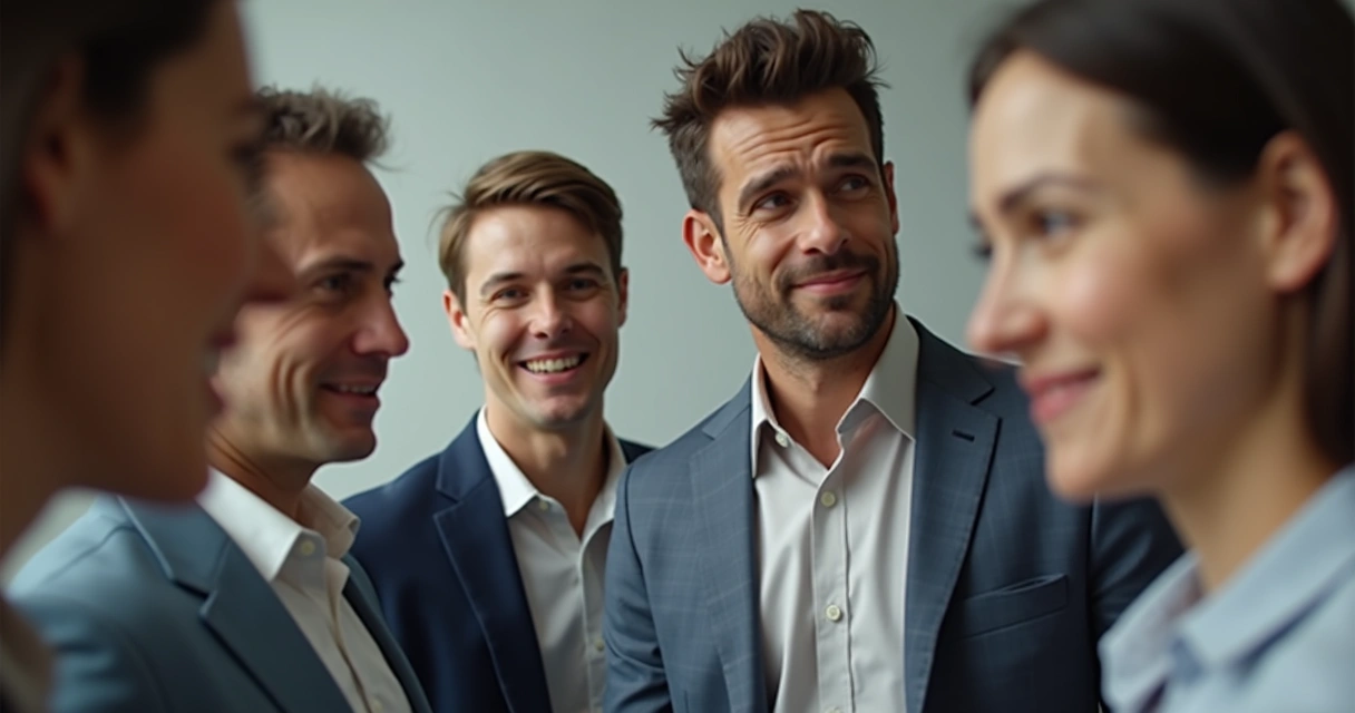 Grupo conversando, expressões faciais variadas mostram diferentes reações 