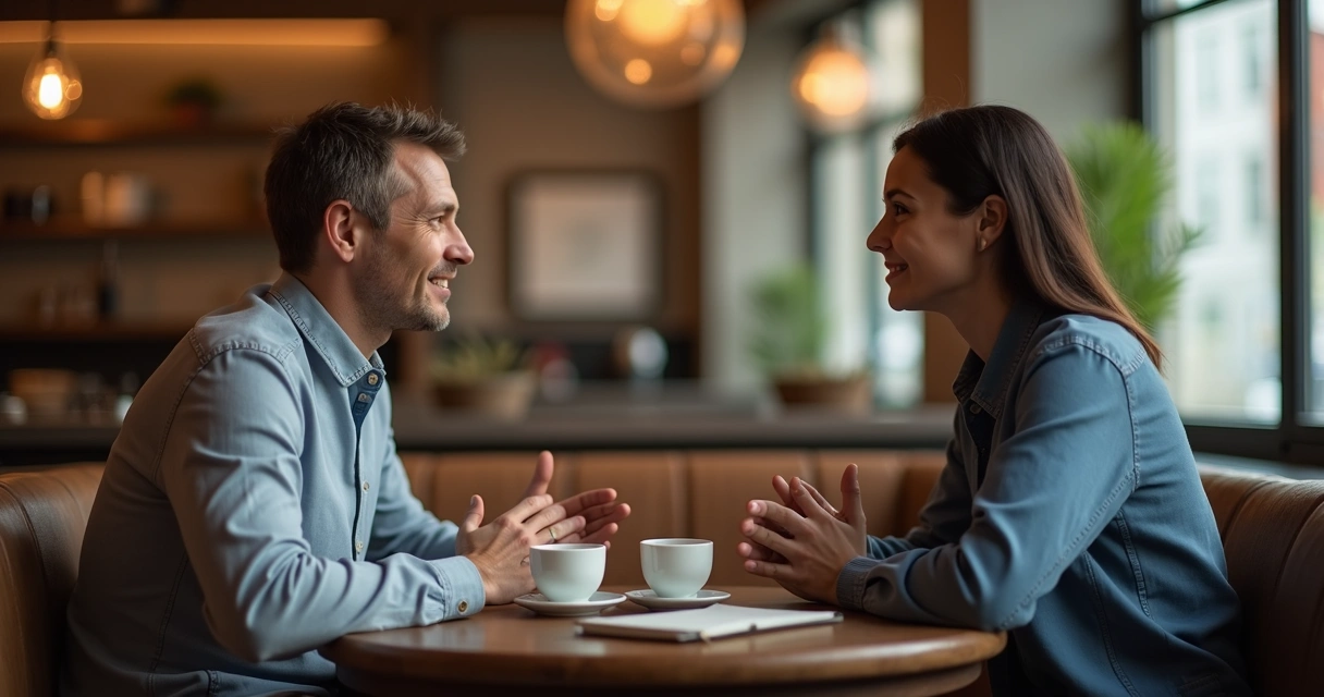 Duas pessoas conversando num café com linguagem corporal espelhada 
