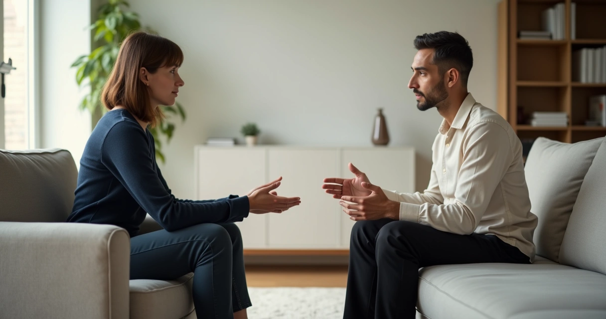 Duas pessoas sentadas frente a frente em conversa atenta com foco na linguagem corporal 
