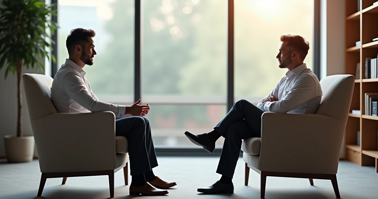 Duas pessoas conversando frente a frente com linguagem corporal contrastante 