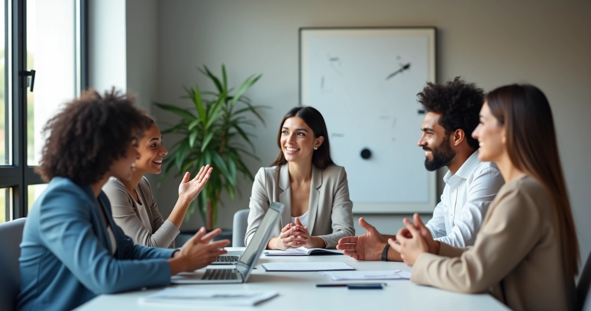 Grupo de profissionais em reunião com foco na linguagem corporal aberta e conectada 
