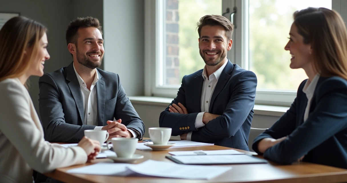 Quatro pessoas sentadas à mesa em reunião, três delas rindo e uma com os braços cruzados