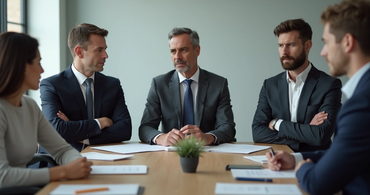 Grupo de pessoas em reunião com expressões corporais diferentes 