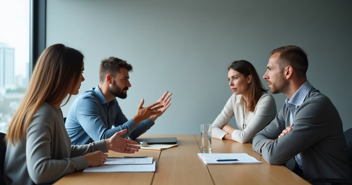 Colegas em reunião exibindo diferentes expressões e posturas corporais ao conversar 