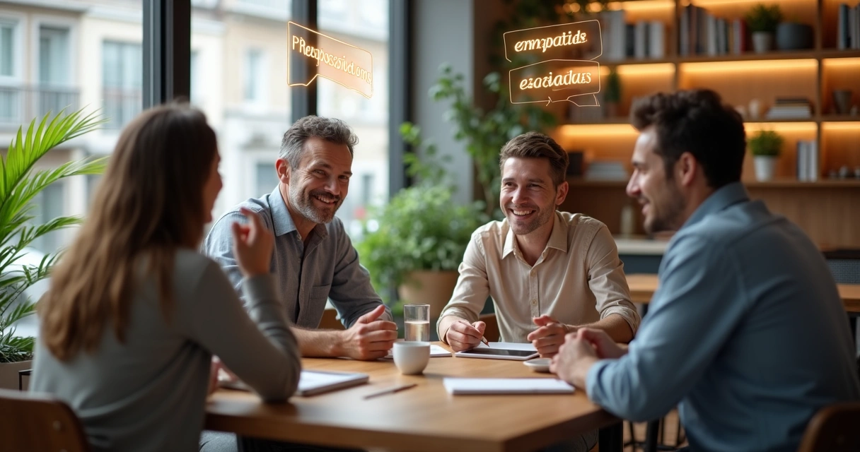 Grupo diverso conversando em uma mesa de café com ícones de palavras pairando no ar 