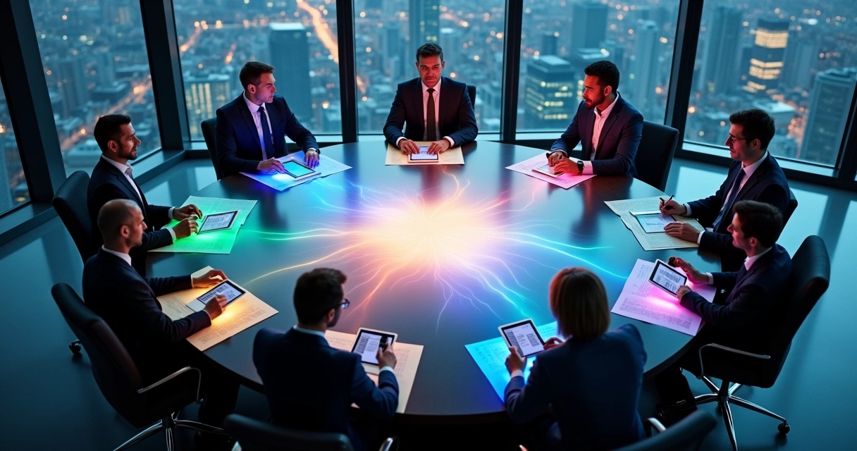 Mesa redonda vista de cima com líderes negociando e ondas coloridas conectando seus tablets 