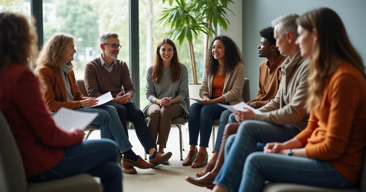 Grupo de pessoas de diferentes idades sentados em círculo debatendo ideias em um ambiente iluminado 