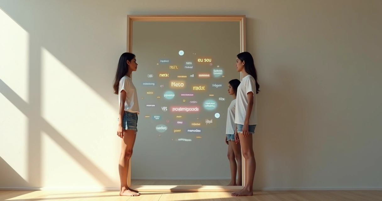 Pessoa diante de espelho cercada por palavras flutuando em diferentes cores 