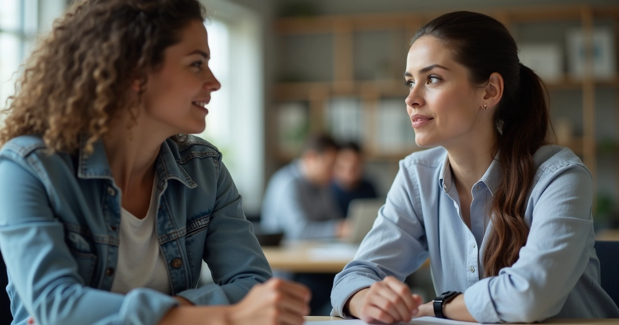 Dois colegas de trabalho trocando olhares atentos em reunião 