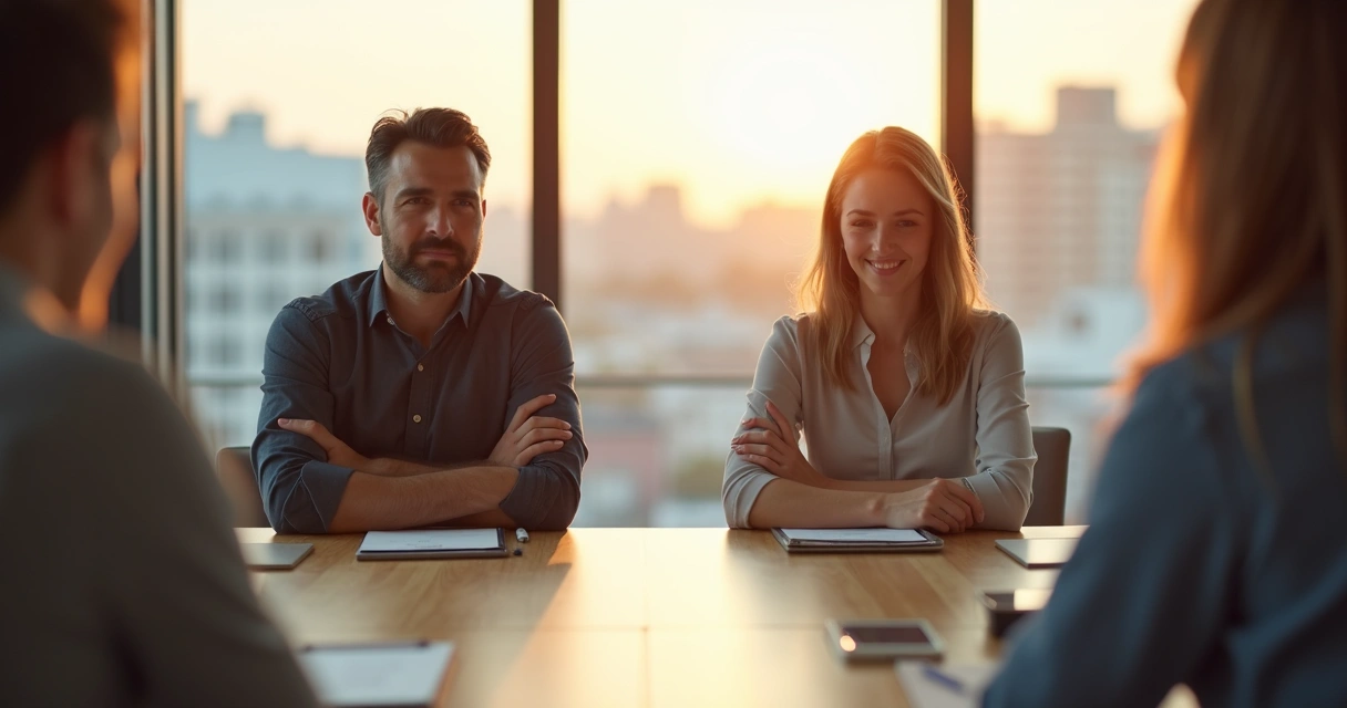 Homem e mulher sentados lado a lado em reunião, com expressões corporais e faciais contrastantes. 