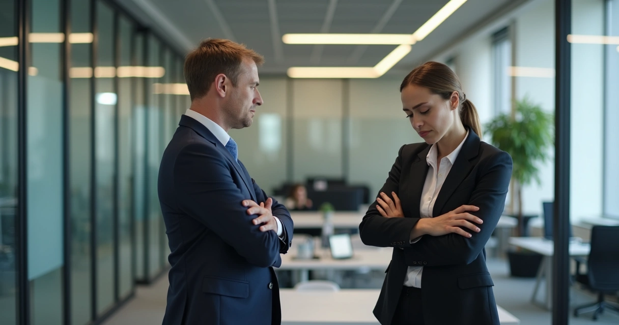 Gestos discretos e expressões faciais de profissionais em uma sala de trabalho, demonstrando desconforto e tensão