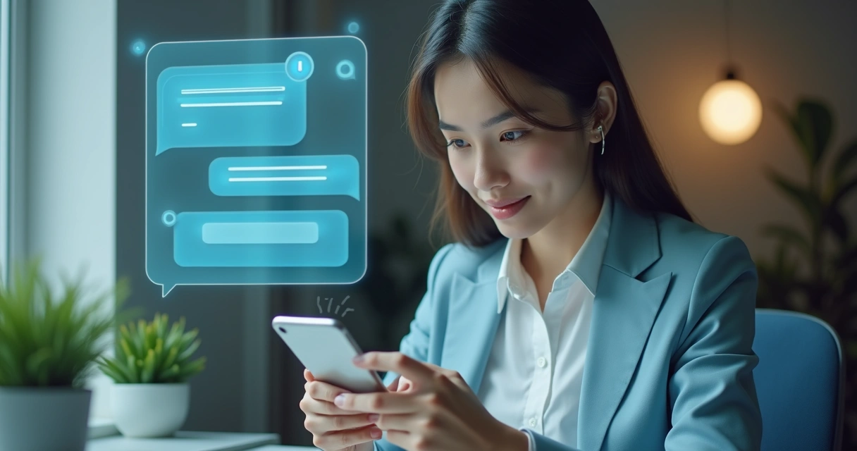 Pessoa escrevendo para chatbot com linguagem natural num smartphone