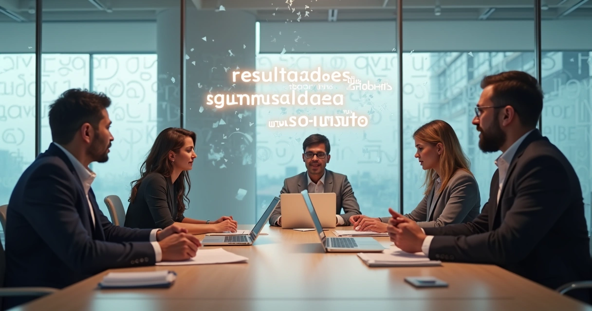 Equipe em reunião vendo palavras ganhar forma no ambiente de trabalho 