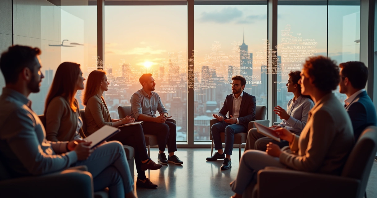 Grupo diverso em roda conversando com palavras projetadas formando cidade ao fundo 