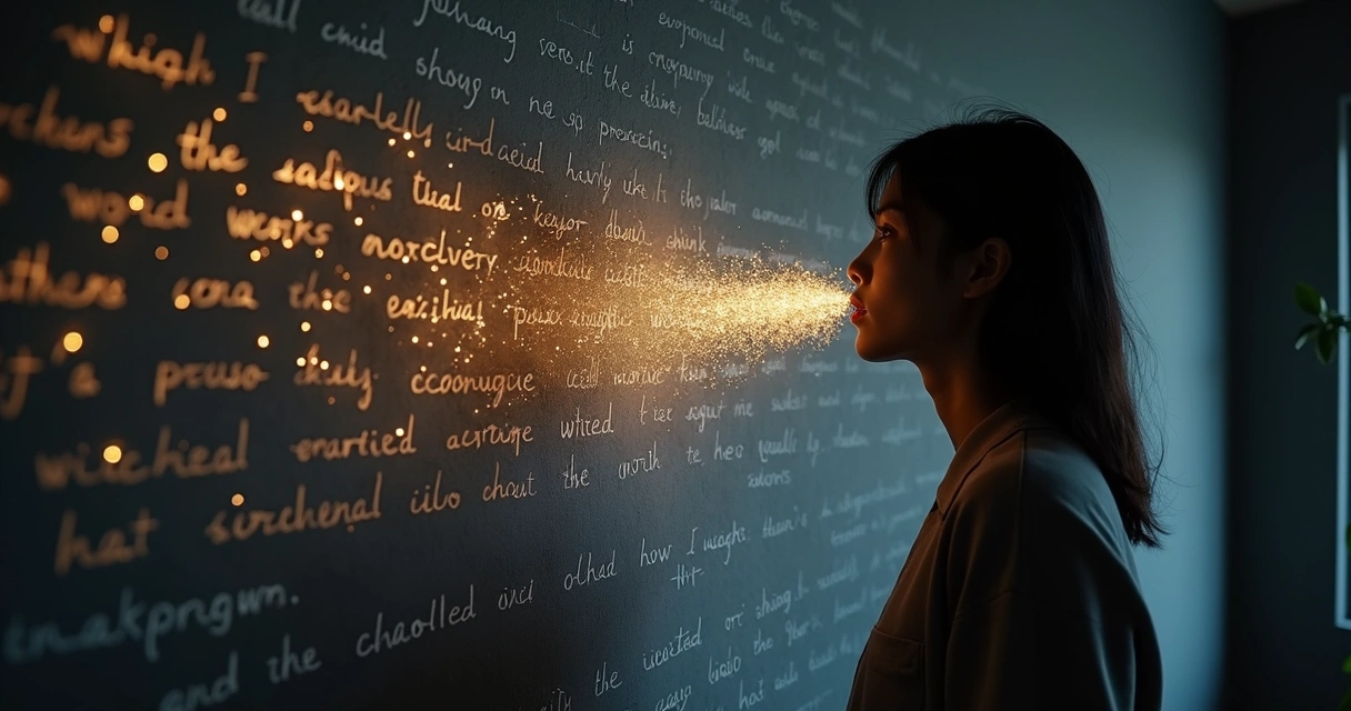 Perfil de pessoa diante de parede com palavras que se desfazem em luz 