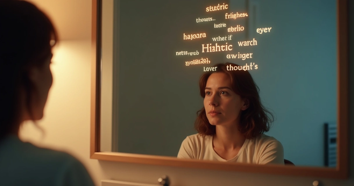 Pessoa refletindo diante de espelho, palavras escritas no ar ao redor.
