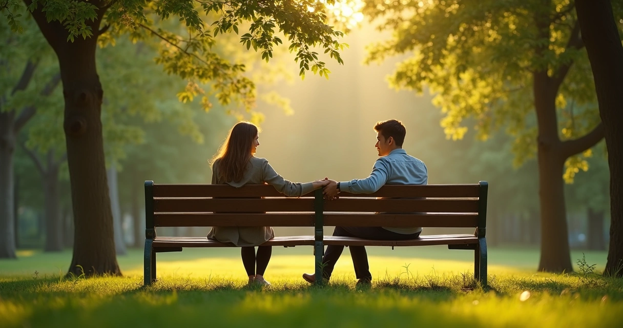 Casal sentado em um banco conversando de mãos dadas em um parque.