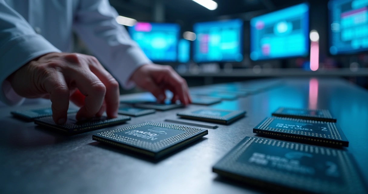 Linha de chips Nvidia Blackwell em mesa de laboratório 