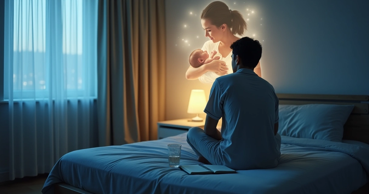 Adulto na beira da cama observando lembrança suave do próprio nascimento 