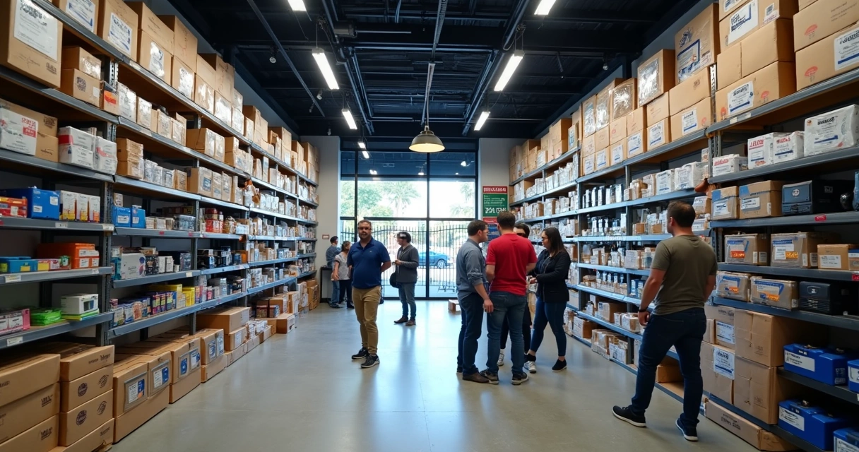 Linha de automatizadores e motores para portão expostos em prateleira de loja de segurança eletrônica