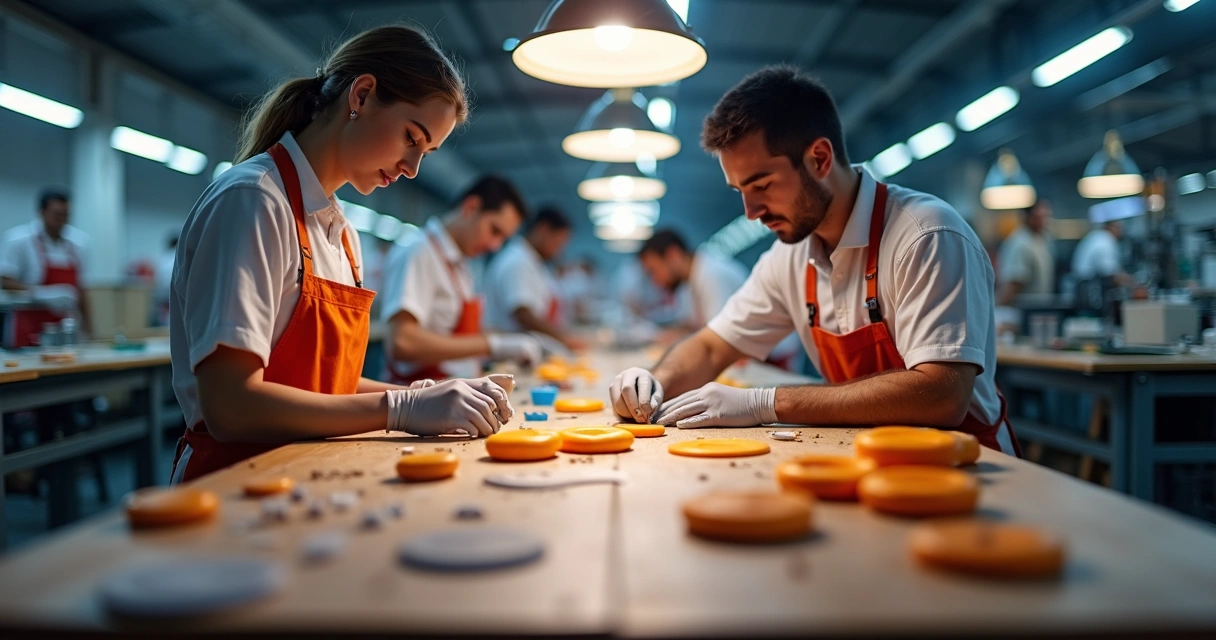 Linha de produção mostrando personalização de coqueteleiras coloridas