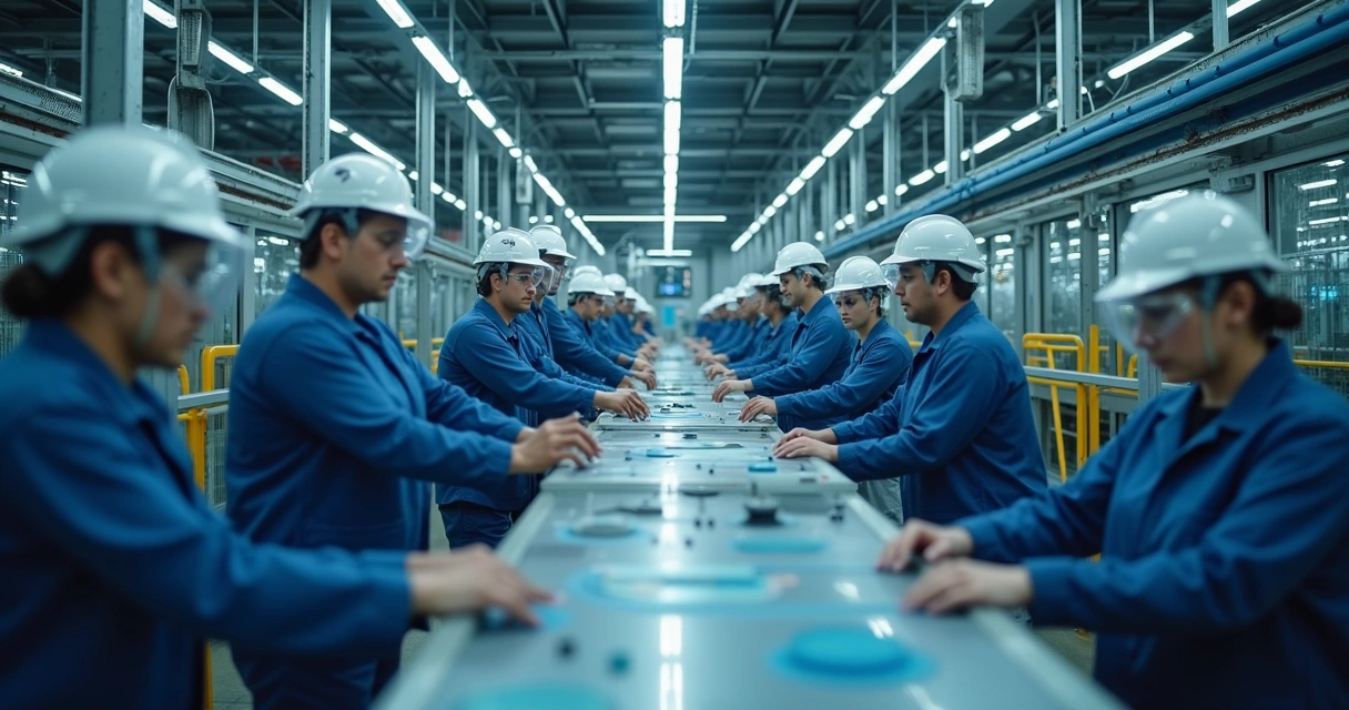 Funcionários em linha de produção operando máquinas num ambiente industrial clean 
